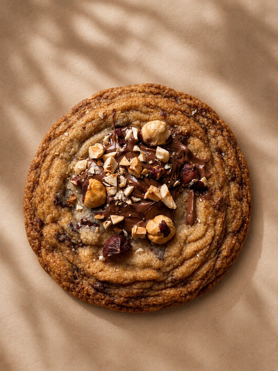 Cookie noisettes, chocolat fondu et cranberries, vue du dessus