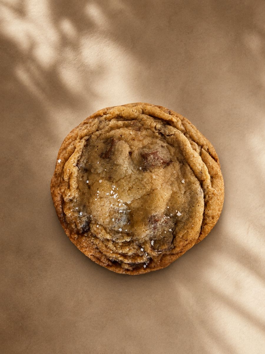 Cookie smash croustillant, fleur de sel, vue du dessus